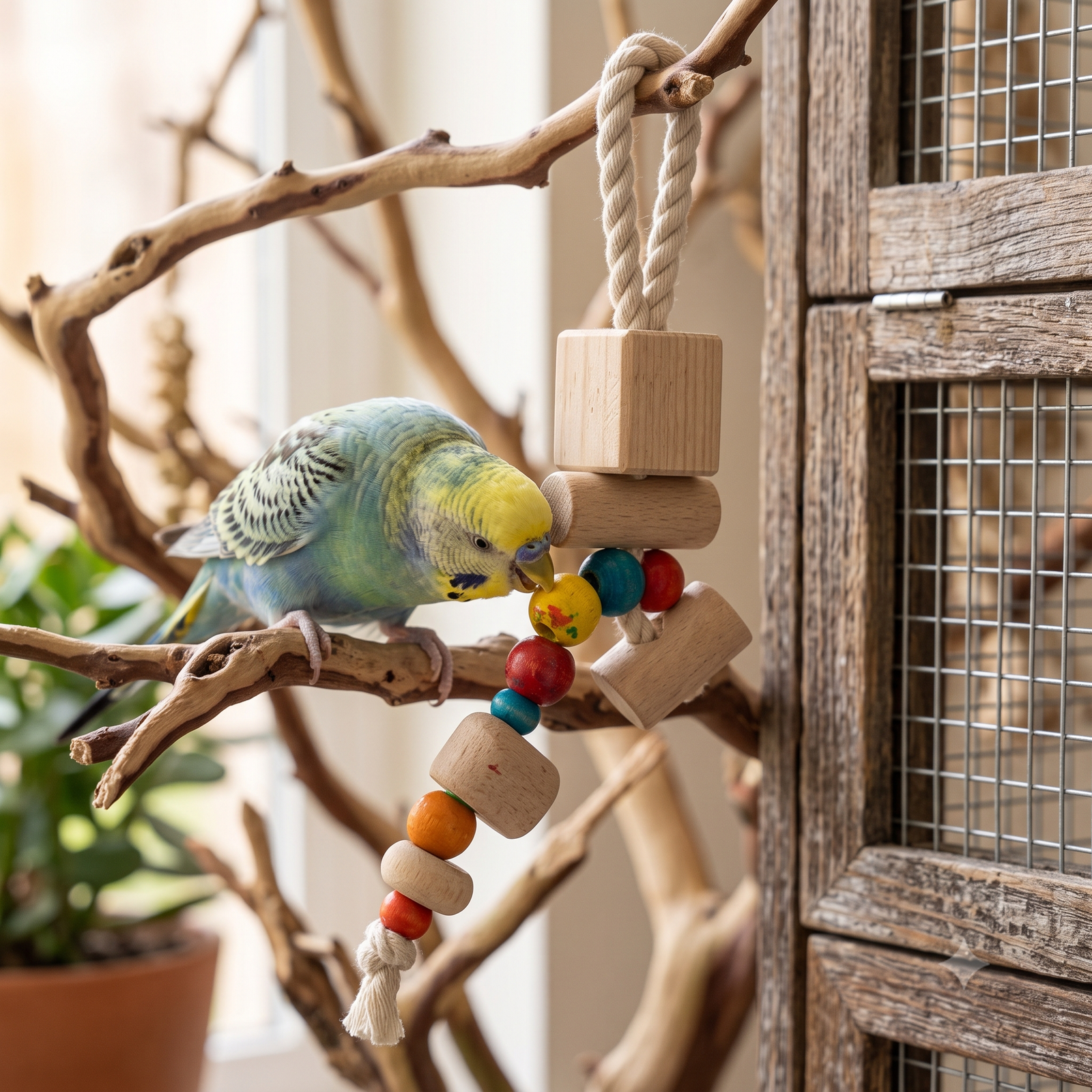 El Nuevo Neighborhood Pet Shop Natural Wood & Rope Bird Ladder Toy with Colorful Beads - Image 4