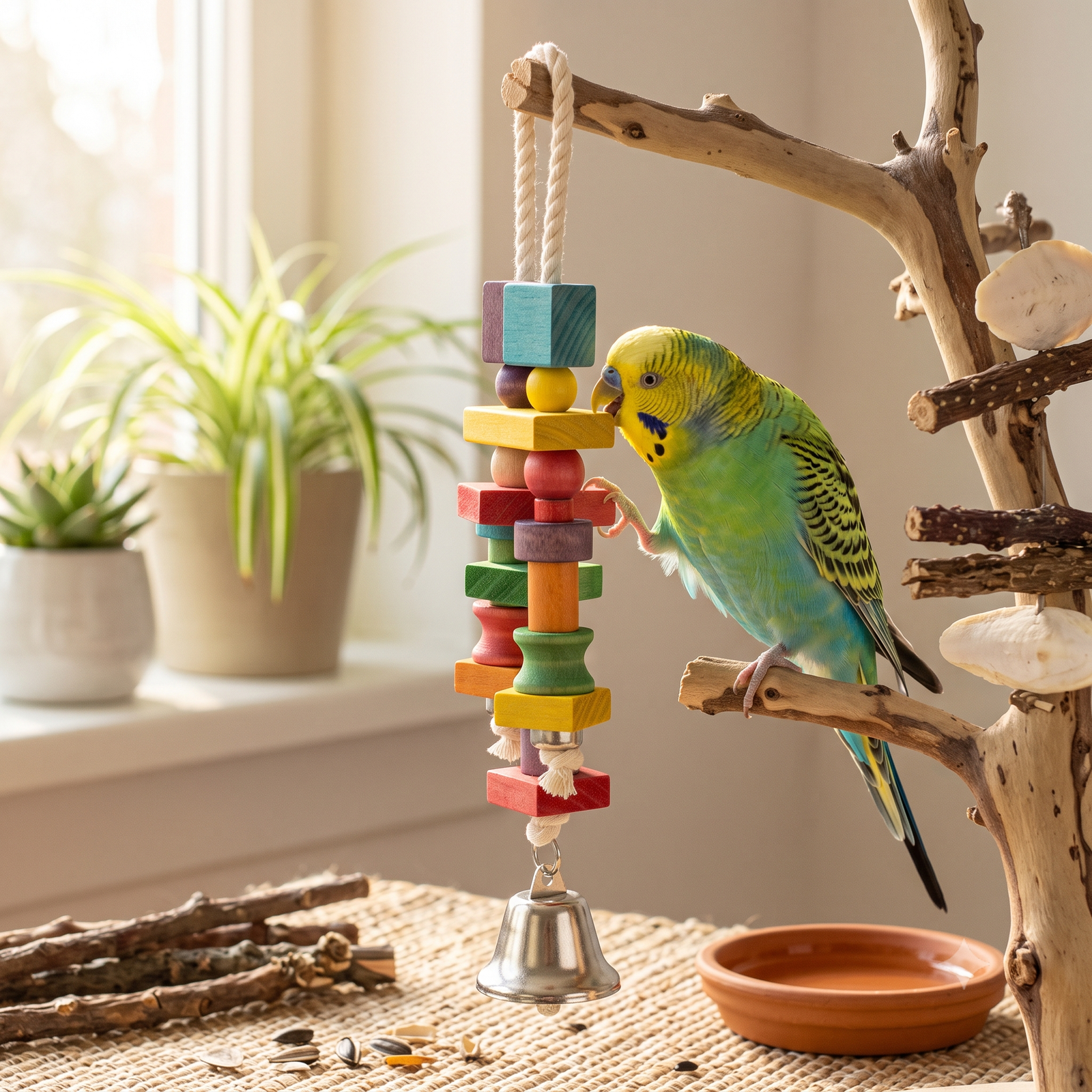 El Nuevo Neighborhood Pet Shop Colorful Wooden Block Bird Toy with Hanging Bell - Image 4