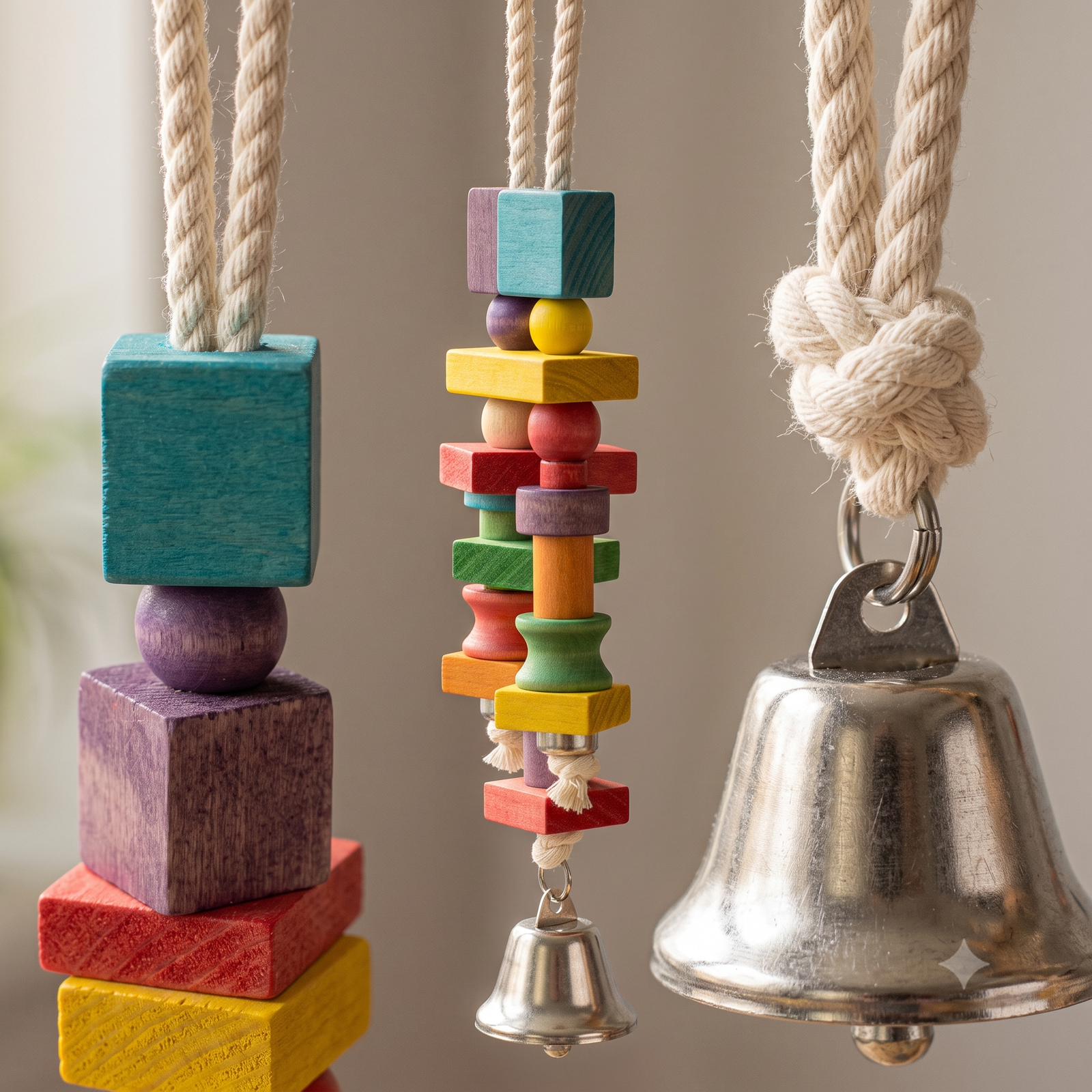 El Nuevo Neighborhood Pet Shop Colorful Wooden Block Bird Toy with Hanging Bell - Image 3