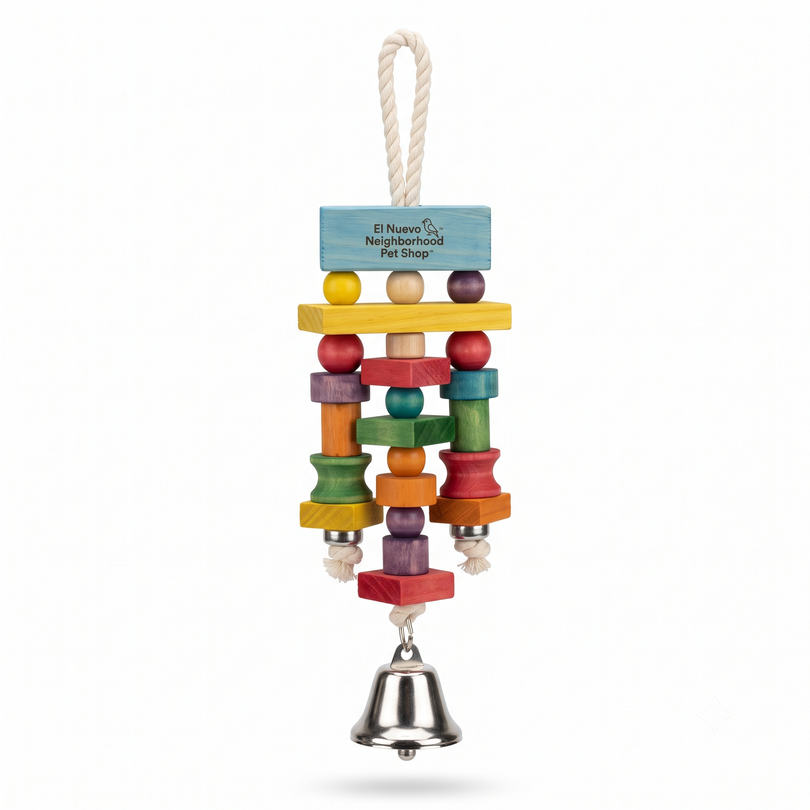 El Nuevo Neighborhood Pet Shop Colorful Wooden Block Bird Toy with Hanging Bell