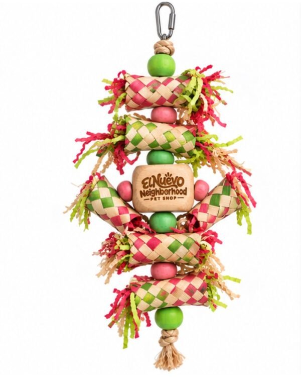 Bamboo Finger-Trap Foraging Toy for birds in beige, pink and green, front view