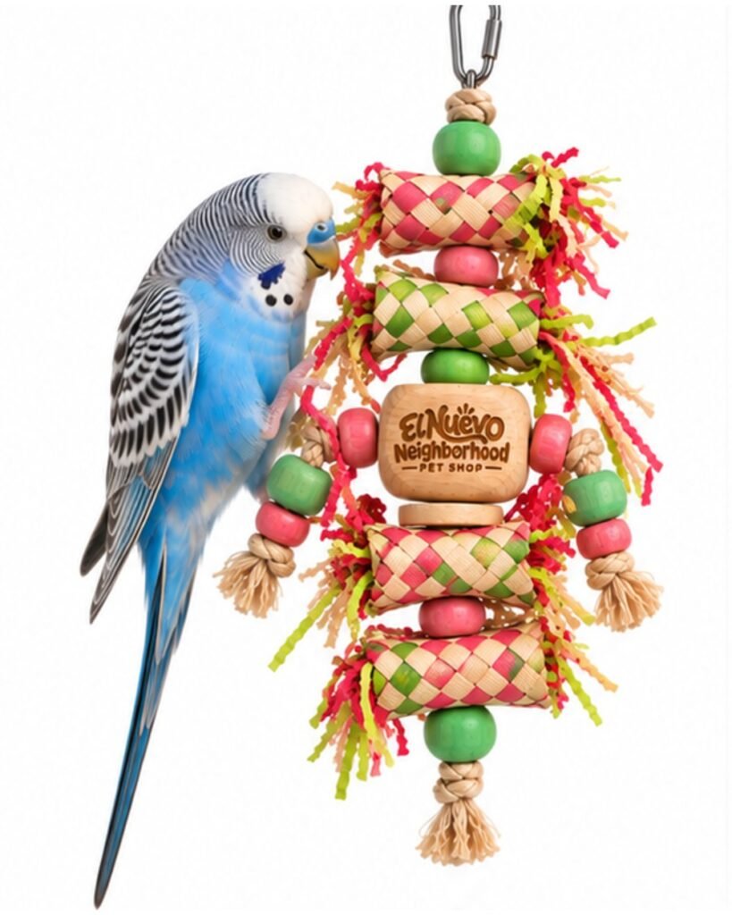 A budgerigar playing with the bamboo foraging toy