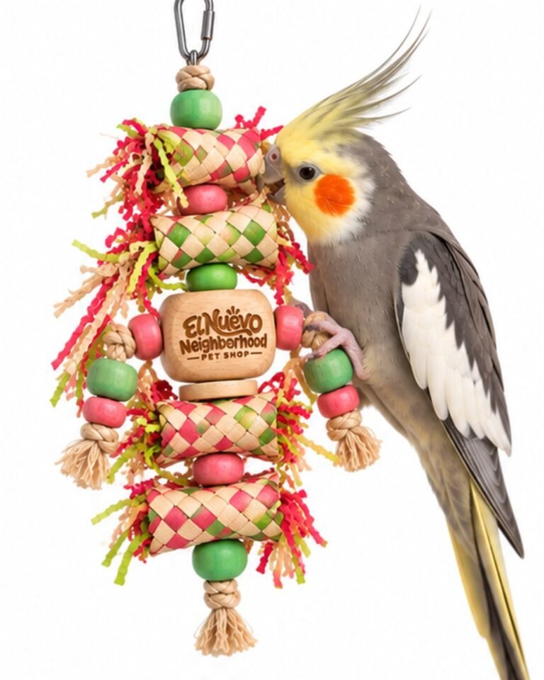 A cockatiel playing with the bamboo foraging toy