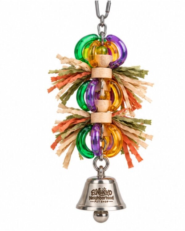 Stainless Steel Bell and Acrylic Ring Toy for birds in green, purple and amber, front view
