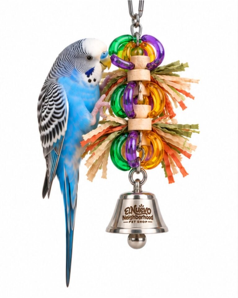 A budgerigar playing with the bell and ring toy