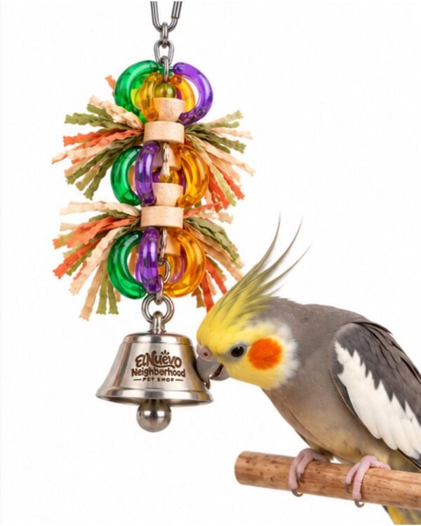 A cockatiel playing with the bell and ring toy