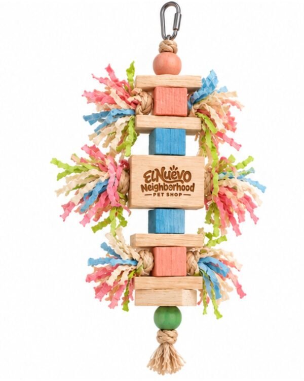 Hanging Balsa Wood Chew Toy for birds in peach, blue and cream, front view
