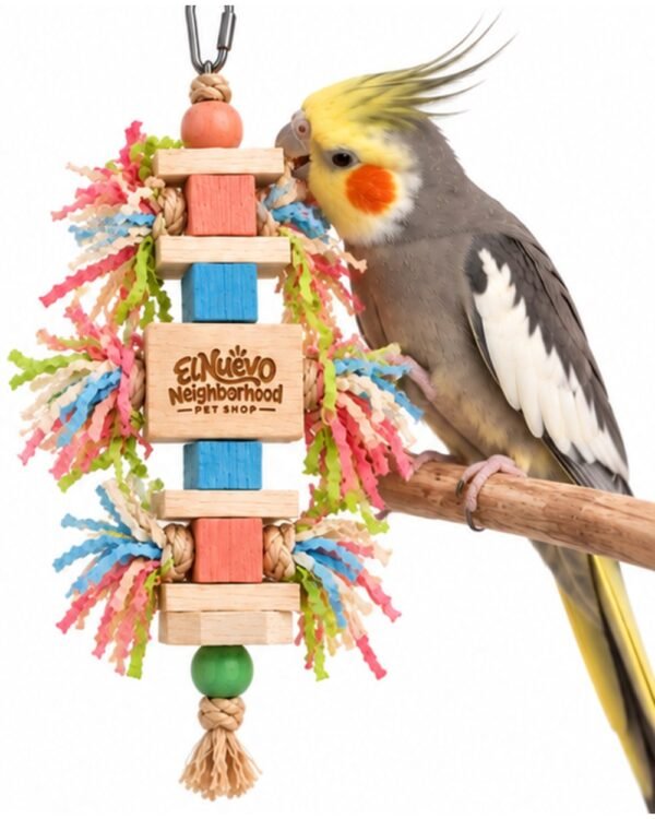 A cockatiel playing with the balsa wood chew toy