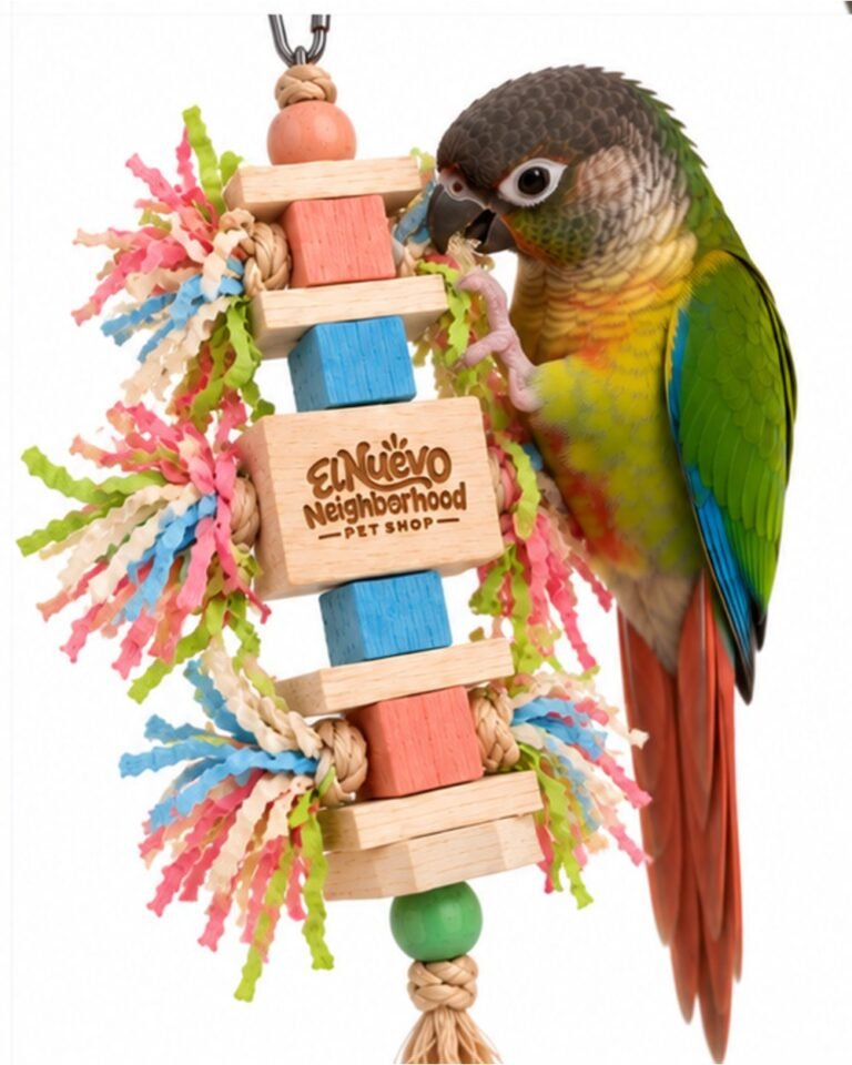 A green-cheeked conure playing with the balsa wood chew toy