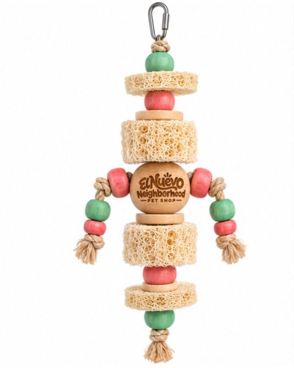 Hanging Loofah Shredding Toy for birds in cream, pink and mint, front view