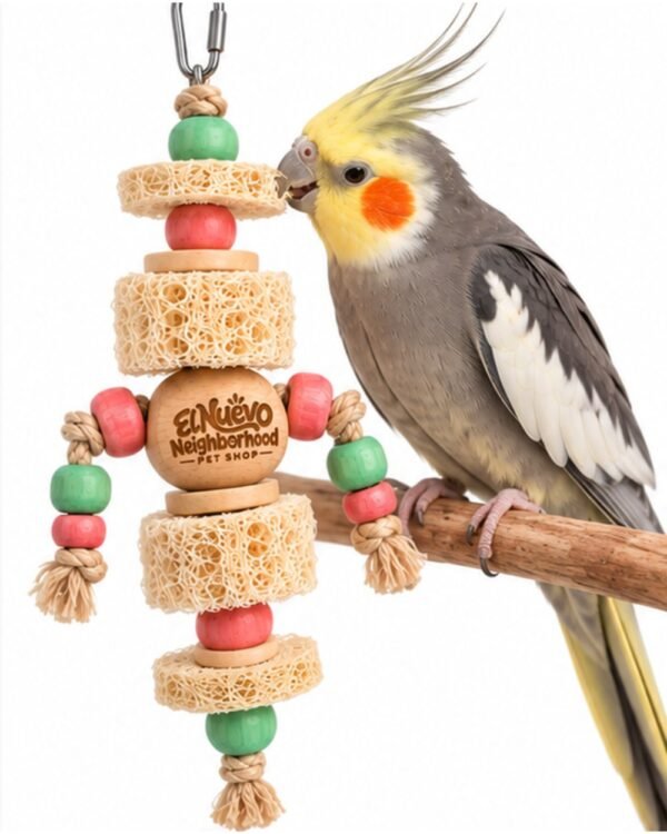 A cockatiel playing with the loofah shredding toy