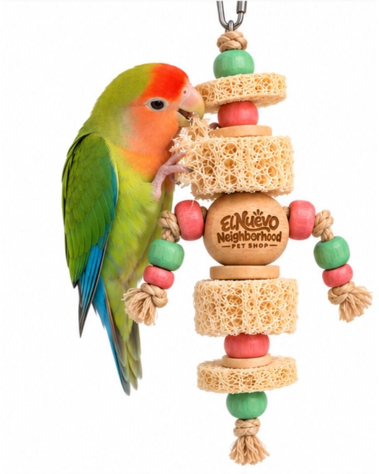 A lovebird playing with the loofah shredding toy