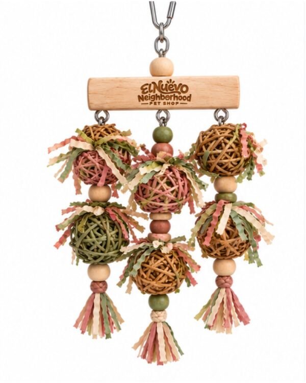 Hanging Vine Ball Cluster Toy for birds in brown, pink and green, front view