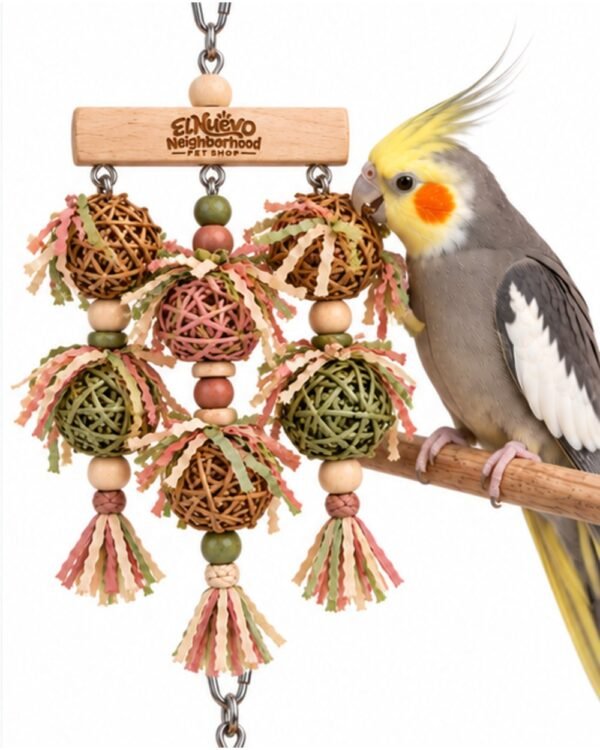A cockatiel playing with the vine ball foraging toy