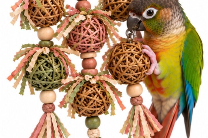 A green-cheeked conure playing with the vine ball foraging toy