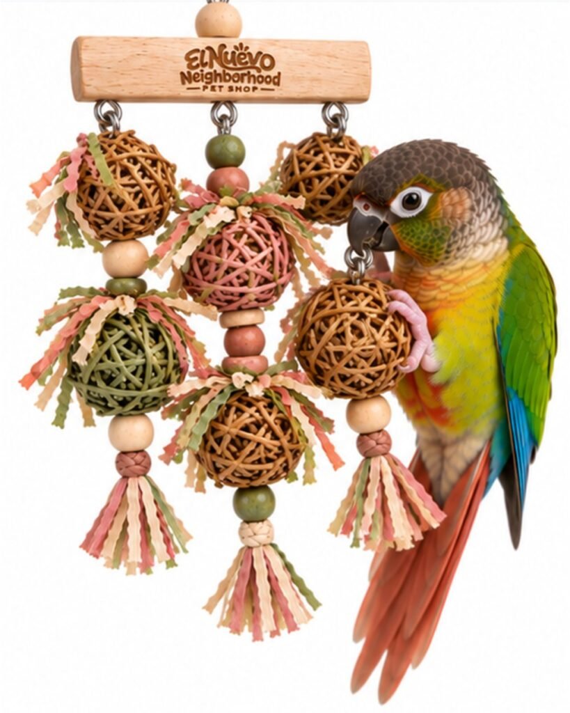 A green-cheeked conure playing with the vine ball foraging toy
