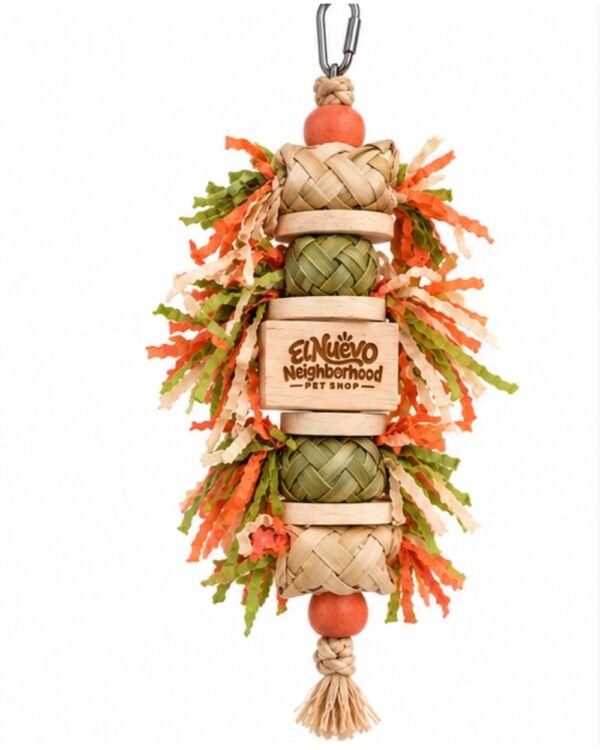 Natural Palm Leaf Shredding Toy for birds in beige, green and orange, front view