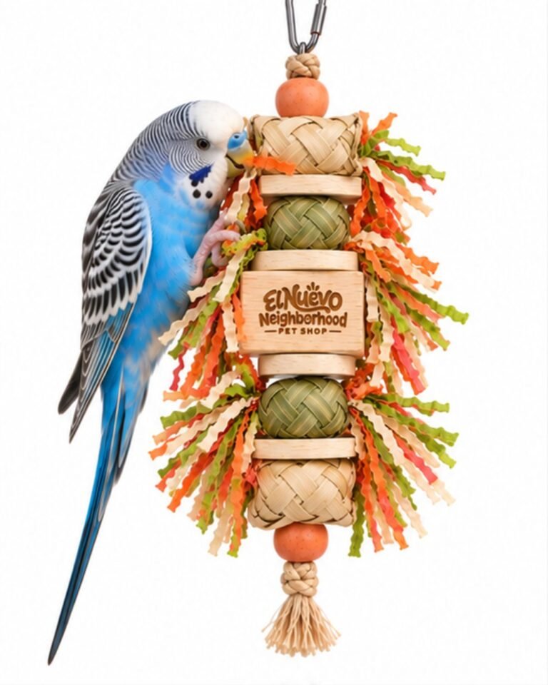 A budgerigar playing with the palm leaf shredding toy