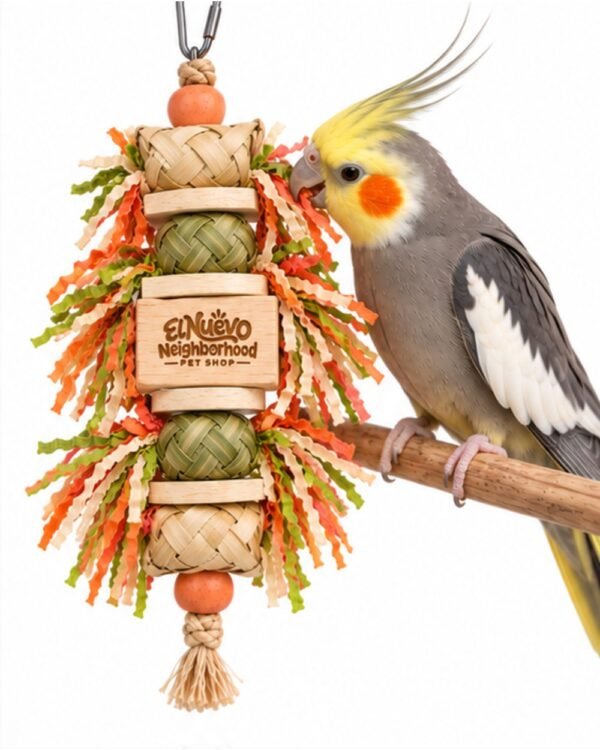 A cockatiel playing with the palm leaf shredding toy