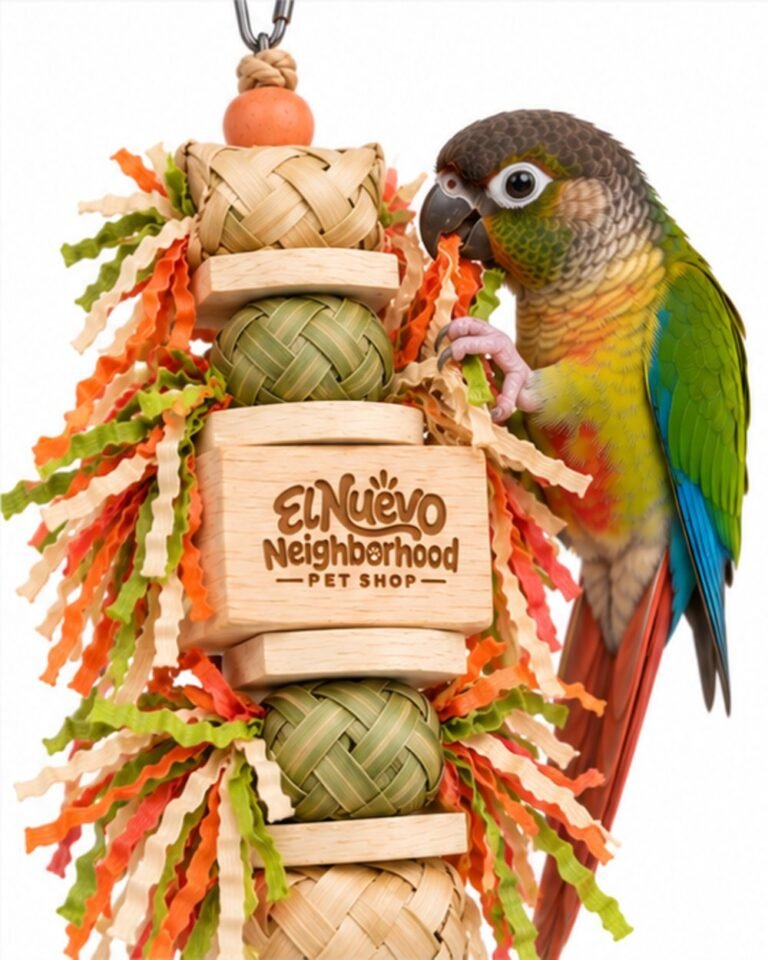 A green-cheeked conure playing with the palm leaf shredding toy