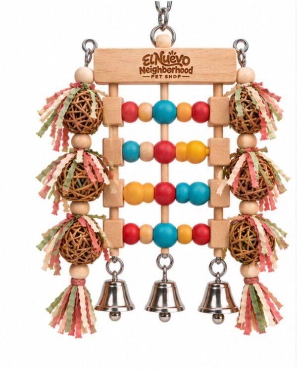 Wooden Abacus Activity Toy for birds in red, turquoise and yellow, front view
