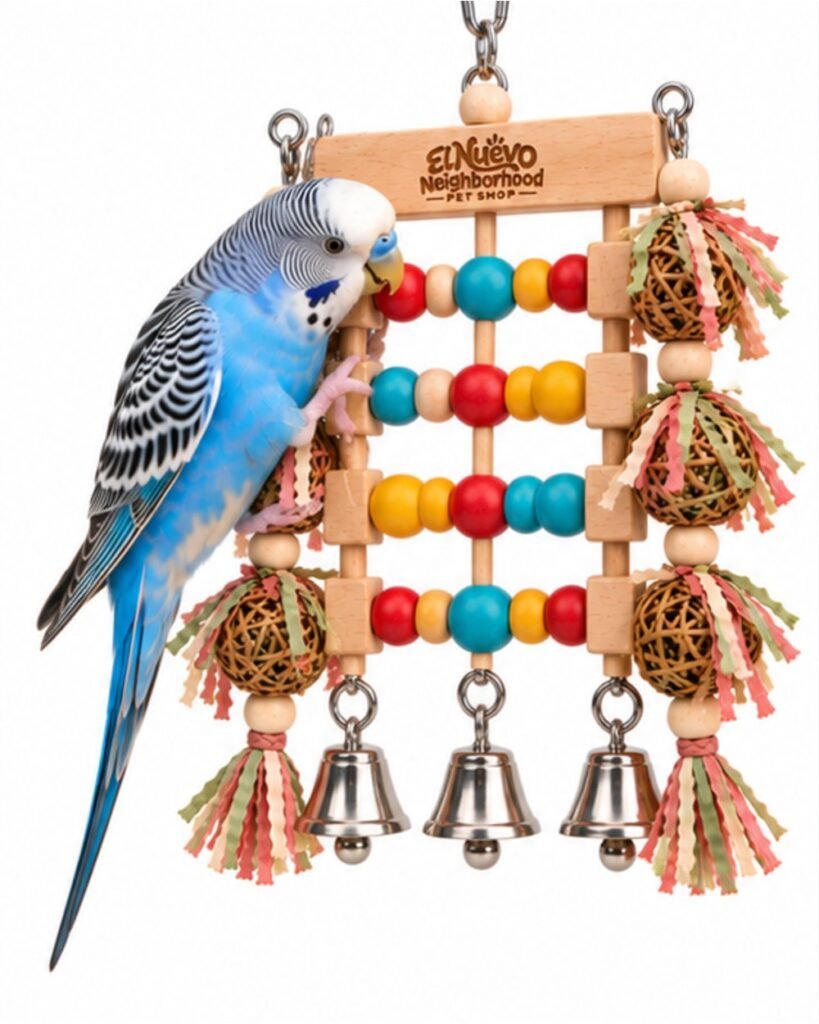 A budgerigar playing with the abacus activity toy