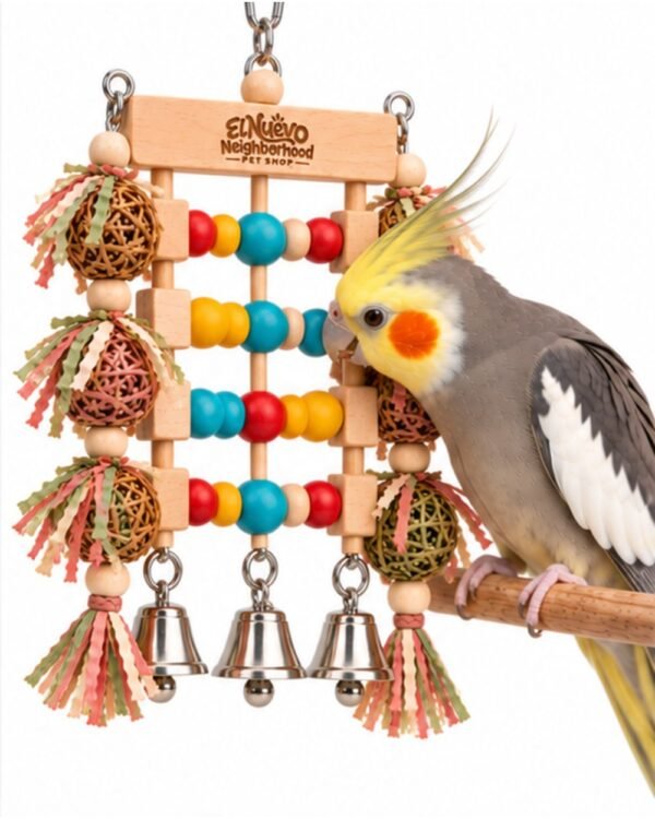 A cockatiel playing with the abacus activity toy
