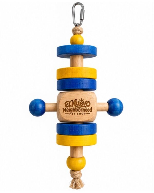 Colorful Wooden Dumbbell Chew Toy for birds in blue, yellow and natural, front view