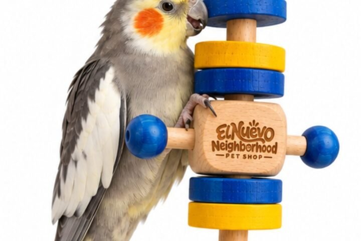 A cockatiel playing with the dumbbell chew toy