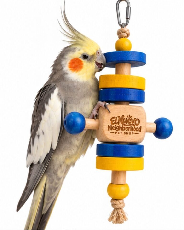 A cockatiel playing with the dumbbell chew toy